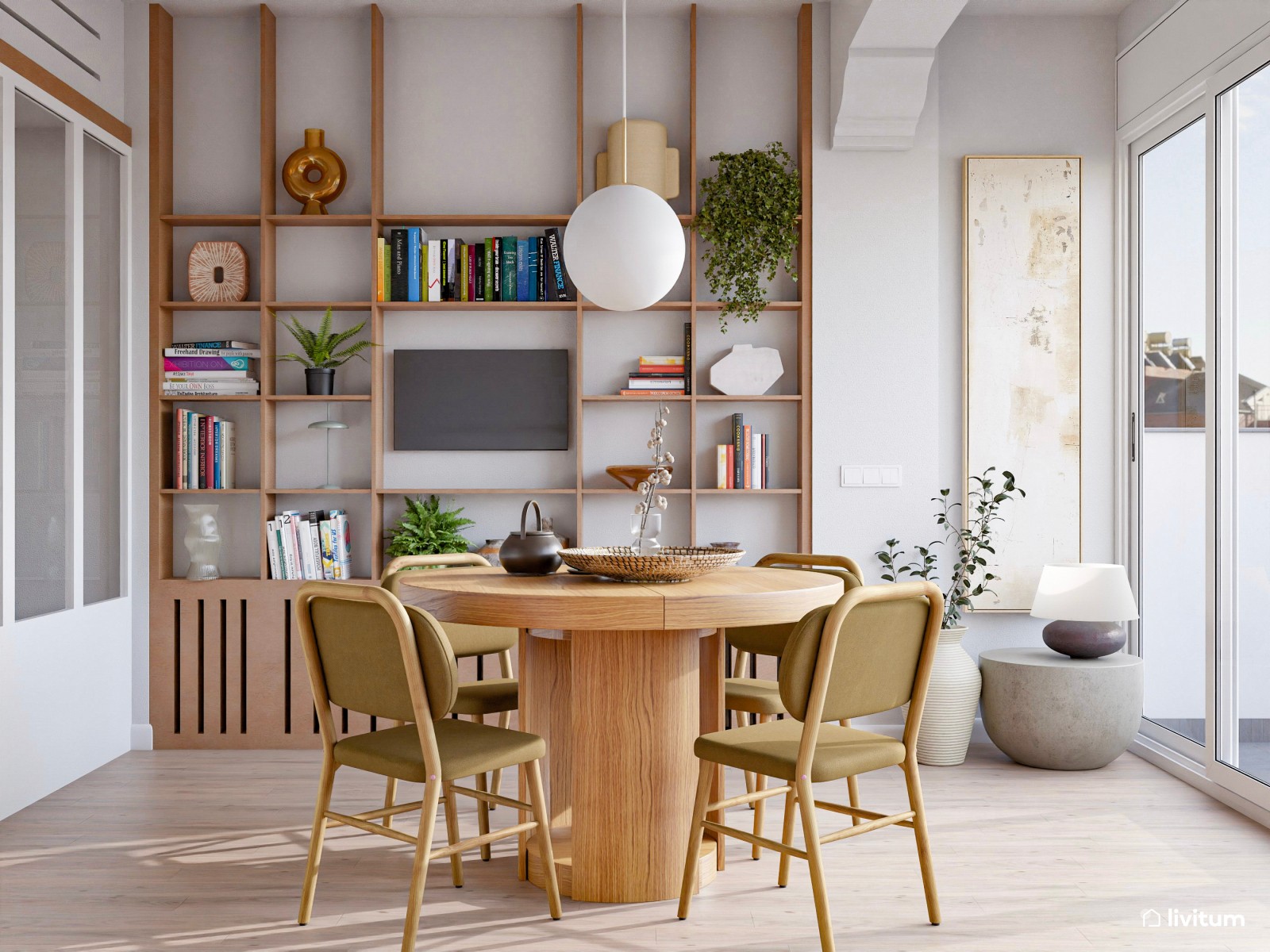 Comedor boho con cocina abierta y recibidor pequeño