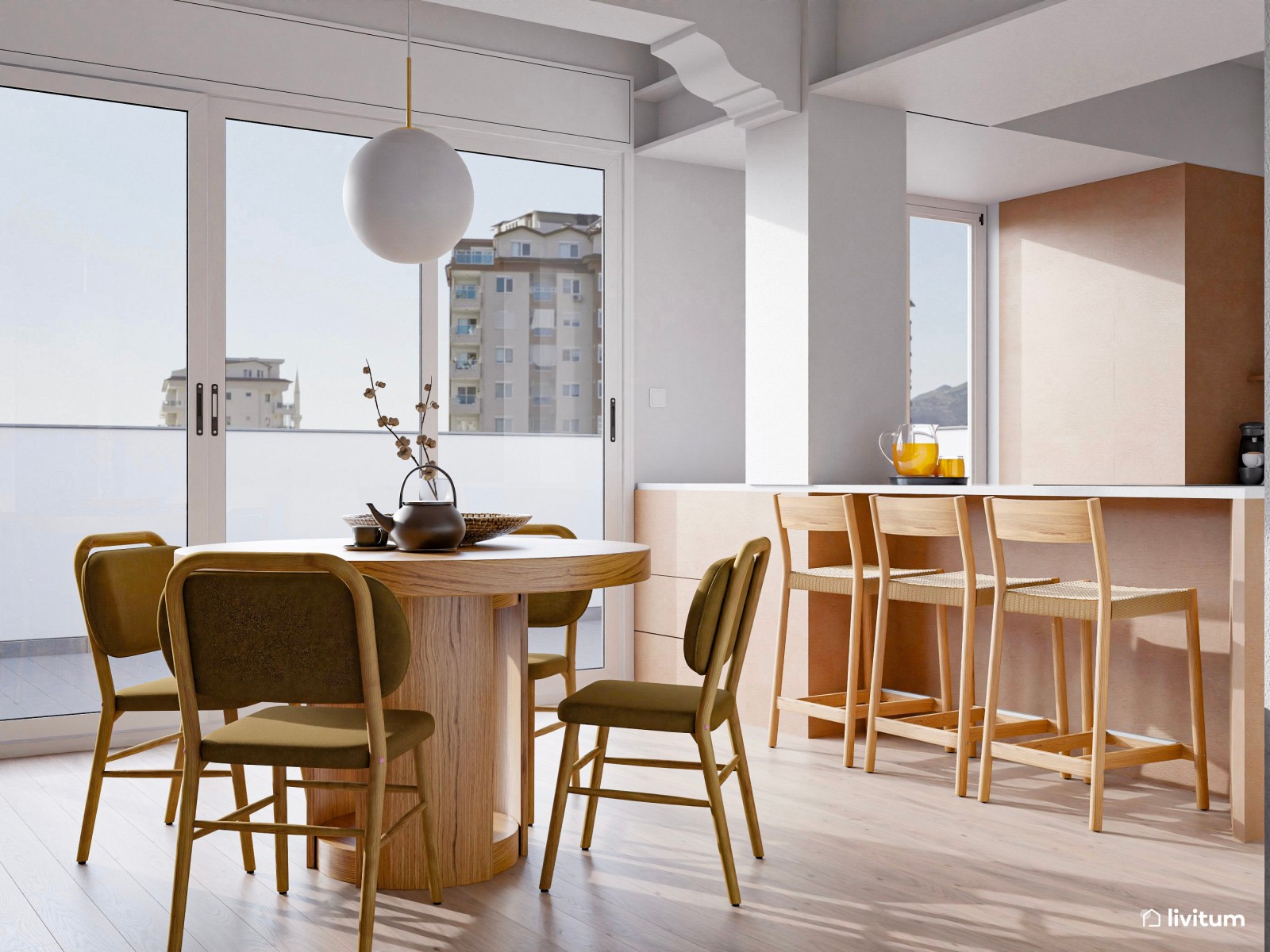 Comedor boho con cocina abierta y recibidor pequeño