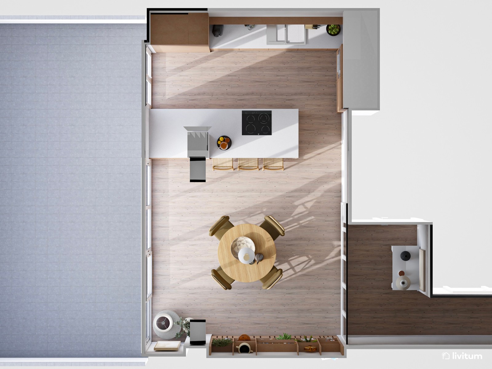 Comedor boho con cocina abierta y recibidor pequeño