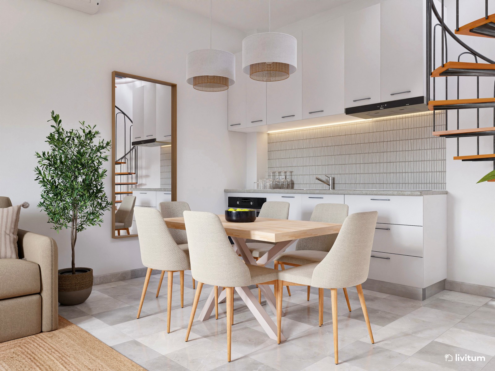 Comedor con cocina abierta y salón de estilo nórdico 