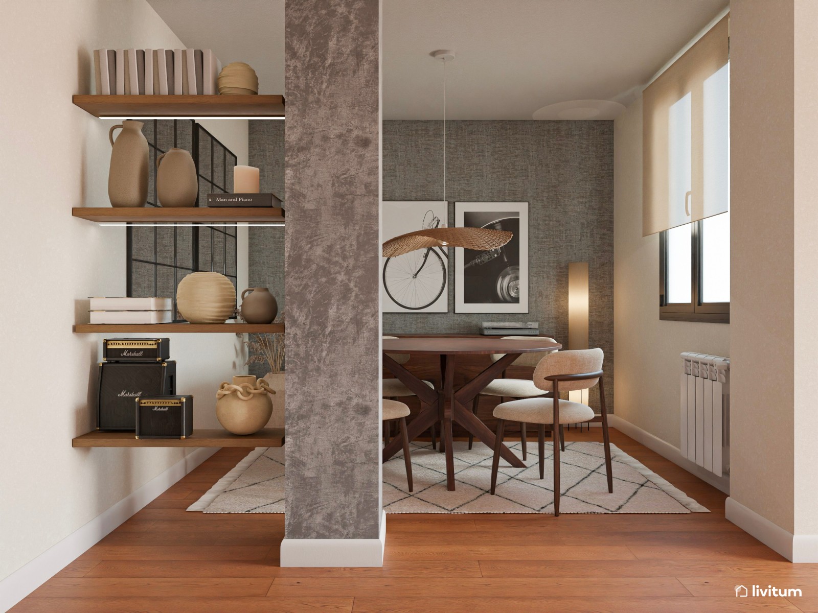 Comedor de estilo moderno con muebles de madera oscura