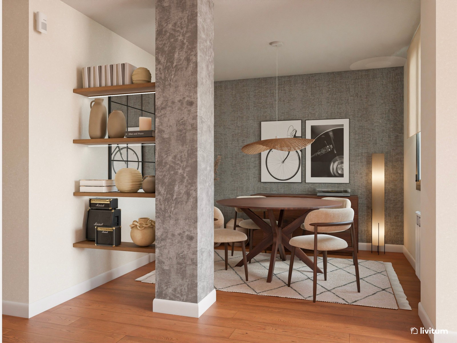 Comedor de estilo moderno con muebles de madera oscura