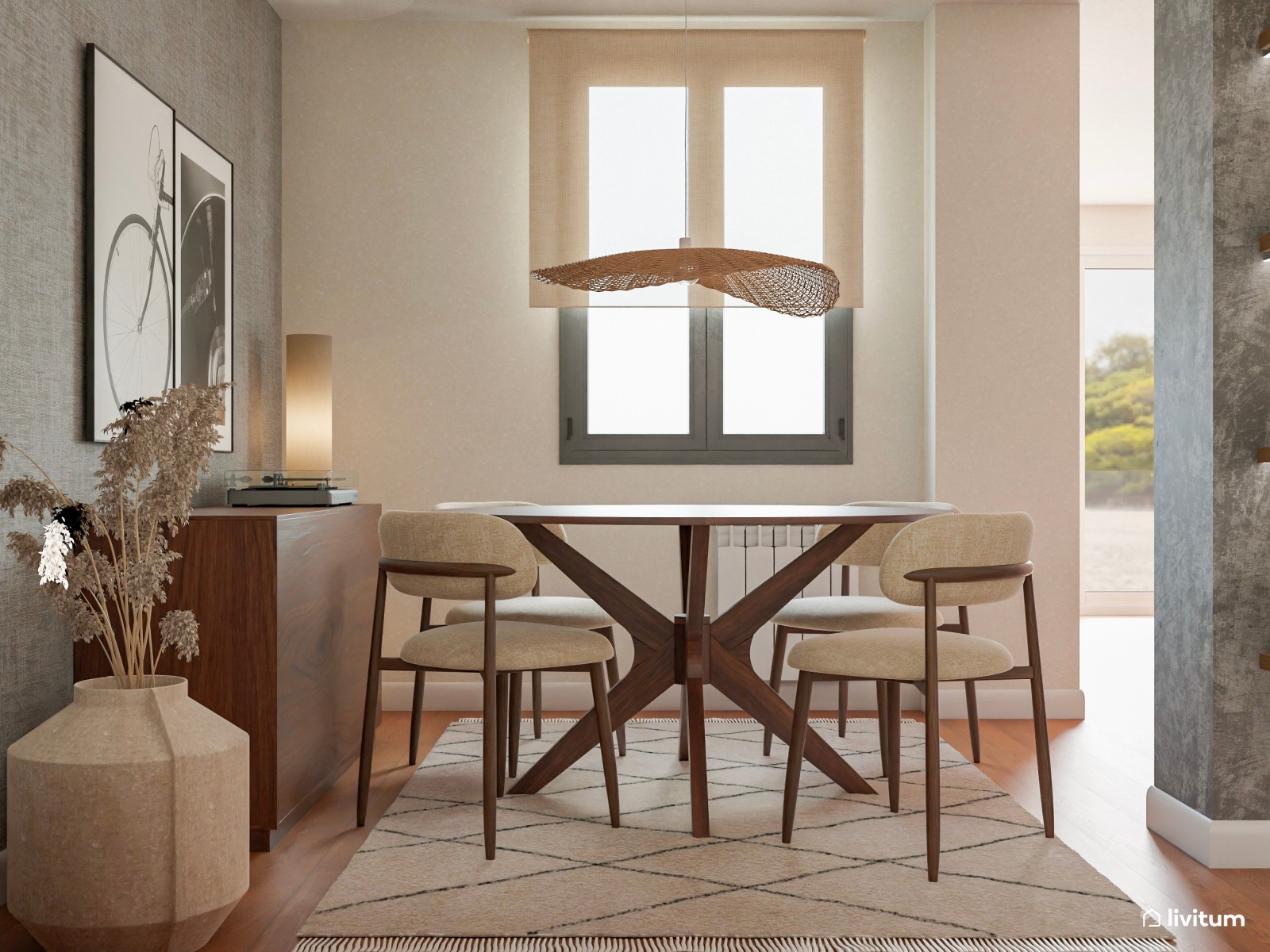 Comedor de estilo moderno con muebles de madera oscura