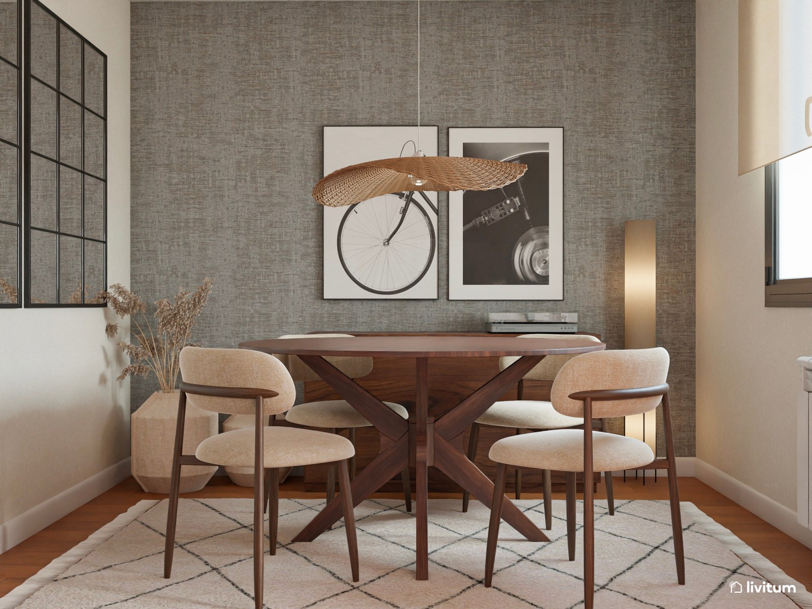 Comedor de estilo moderno con muebles de madera oscura