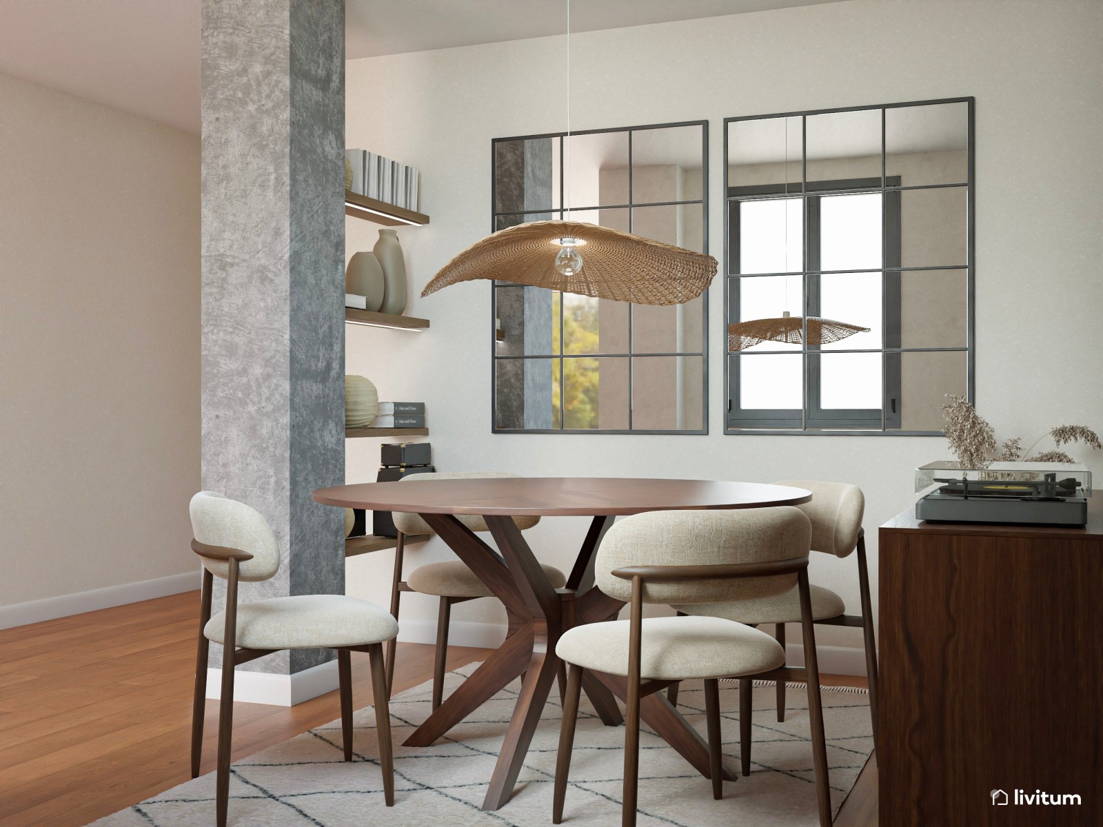 Comedor de estilo moderno con muebles de madera oscura