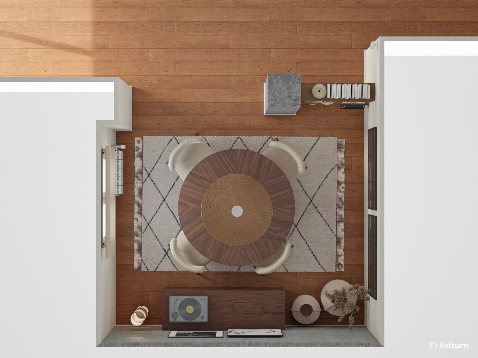 Comedor de estilo moderno con muebles de madera oscura