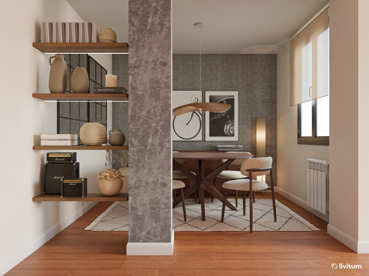 Comedor de estilo moderno con muebles de madera oscura