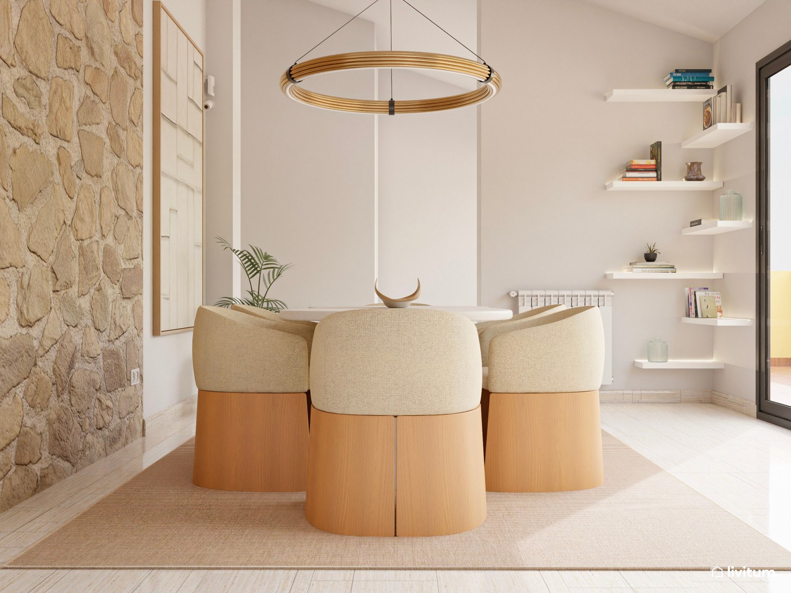 Comedor moderno con luz natural, pared de piedra y muebles originales