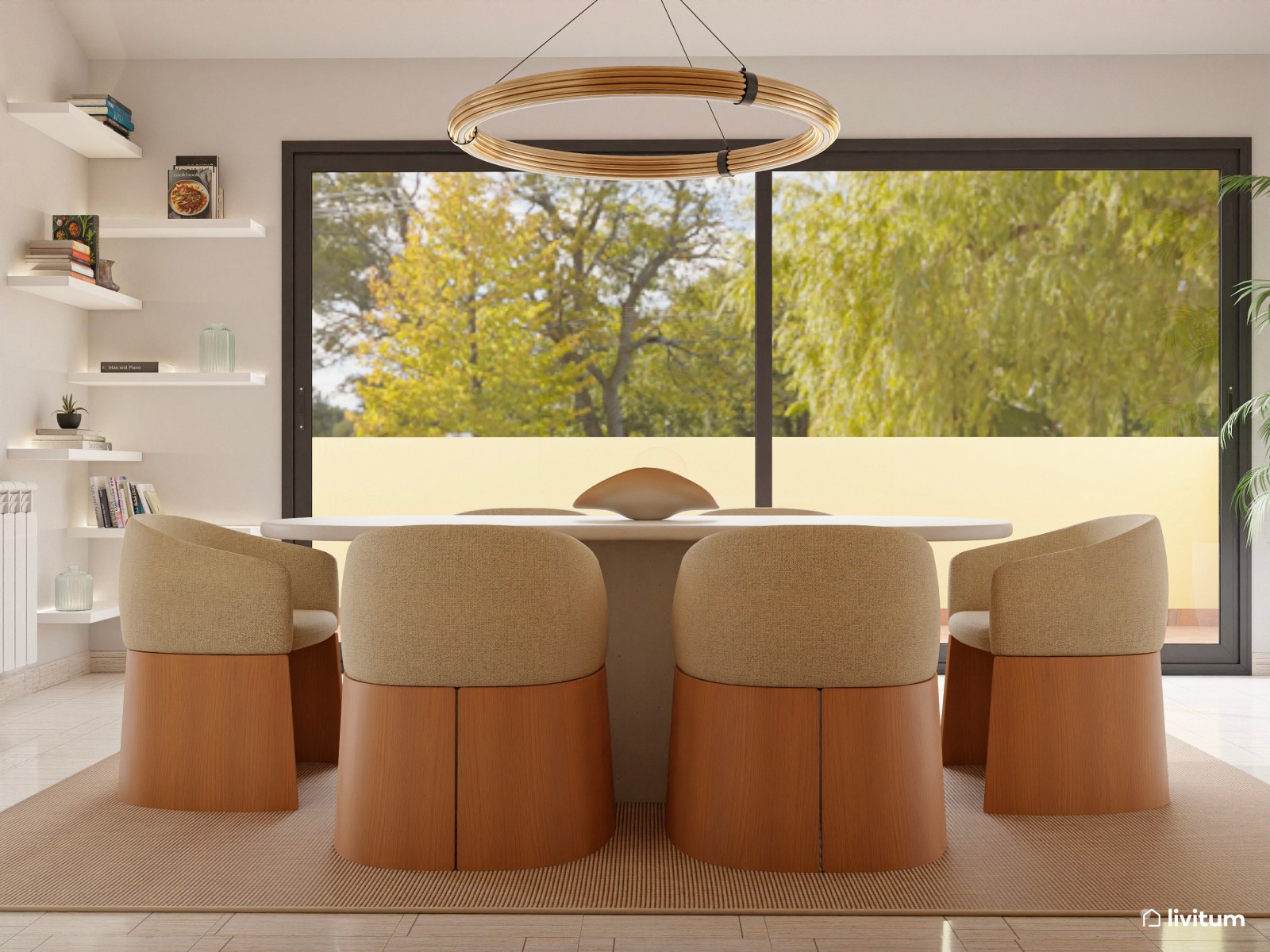 Comedor moderno con luz natural, pared de piedra y muebles originales