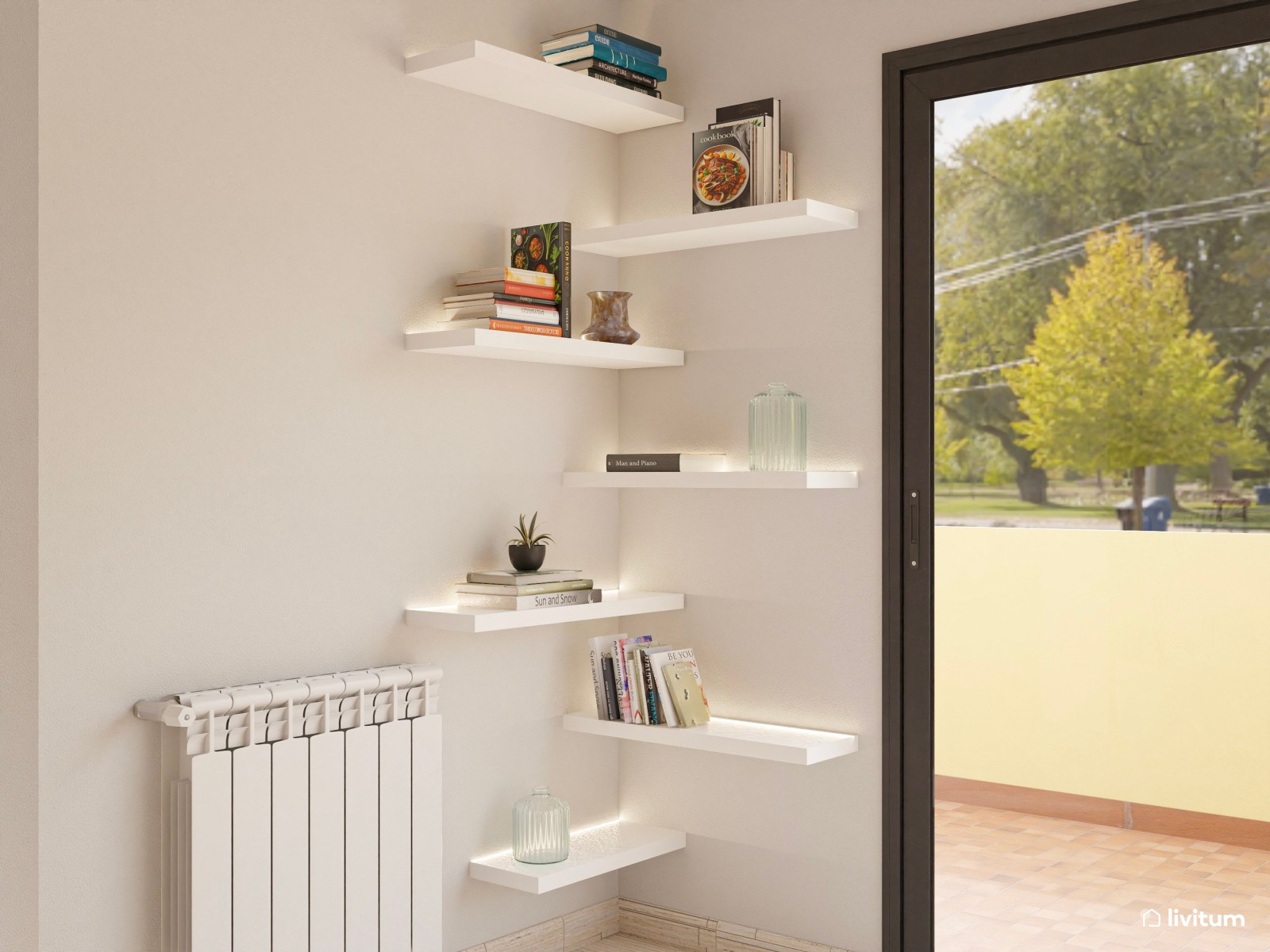 Comedor moderno con luz natural, pared de piedra y muebles originales