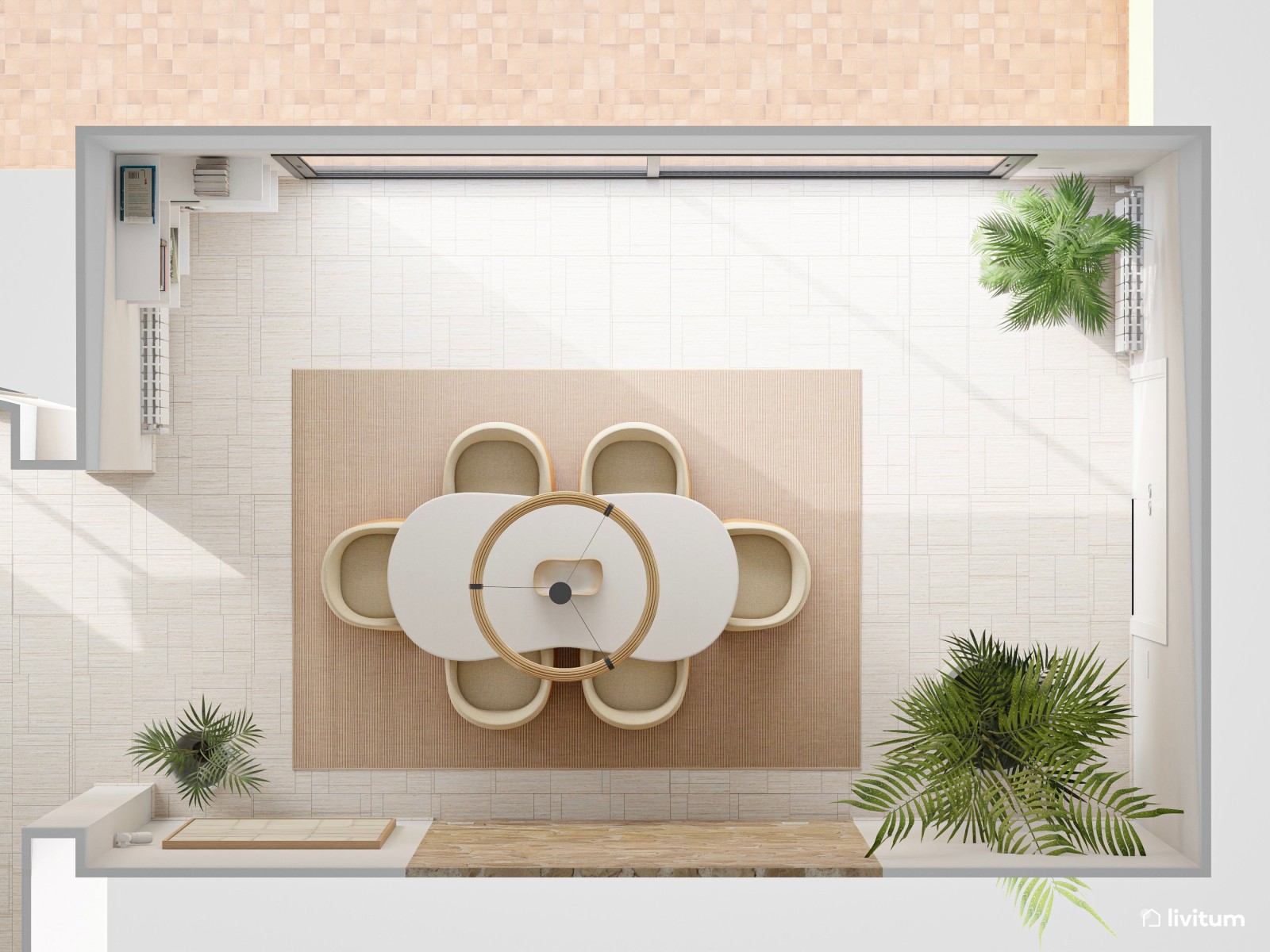 Comedor moderno con luz natural, pared de piedra y muebles originales