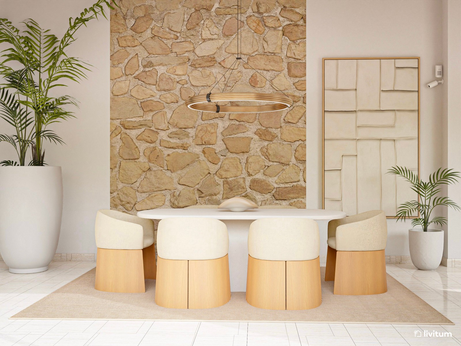Comedor moderno con luz natural, pared de piedra y muebles originales