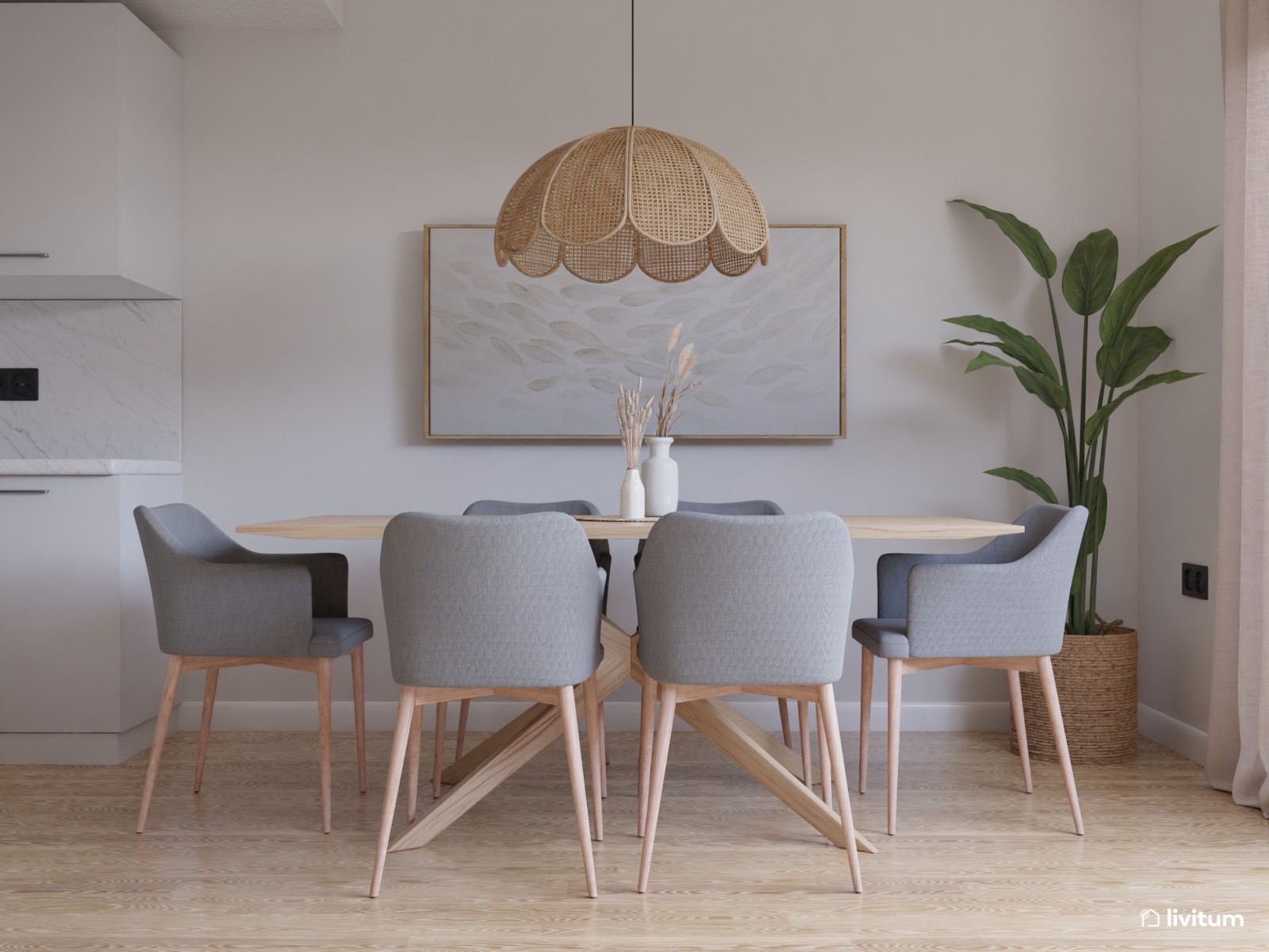 Comedor moderno y colonial con sillas gris claras 