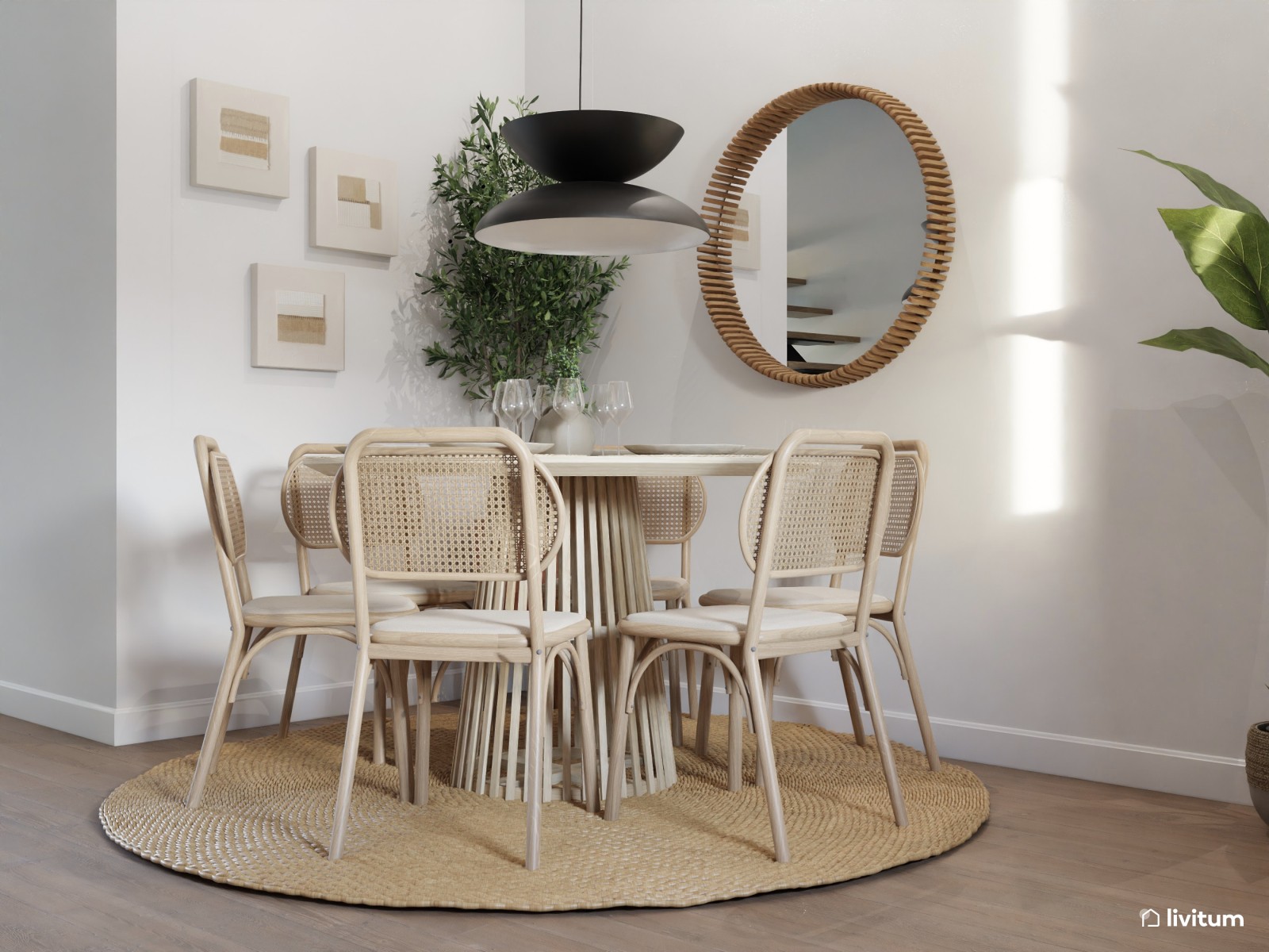 Comedor rústico con mesa redonda de madera maciza de teca