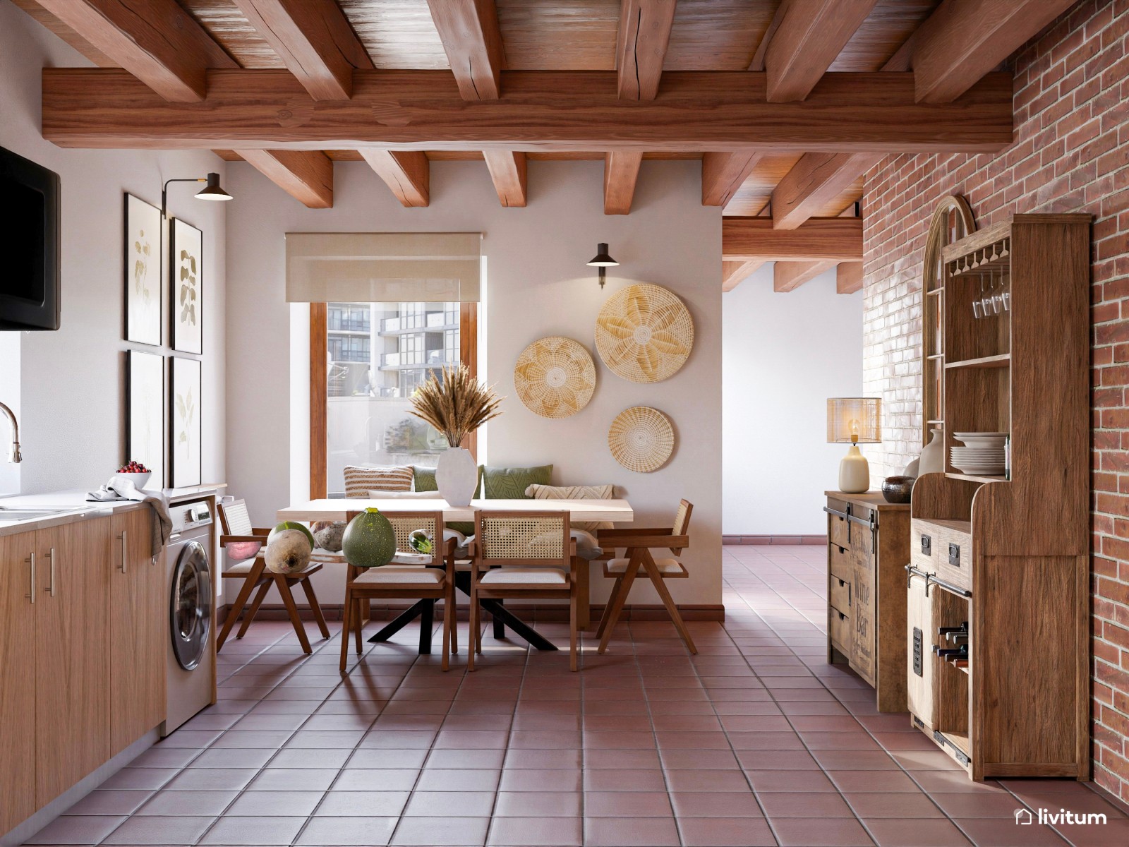 Comedor rústico y bohemio con cocina abierta y recibidor
