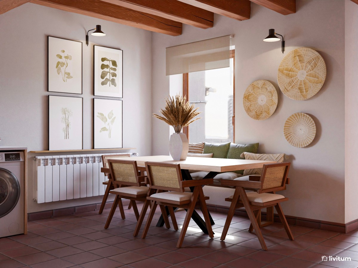 Comedor rústico y bohemio con cocina abierta y recibidor - Livitum.com