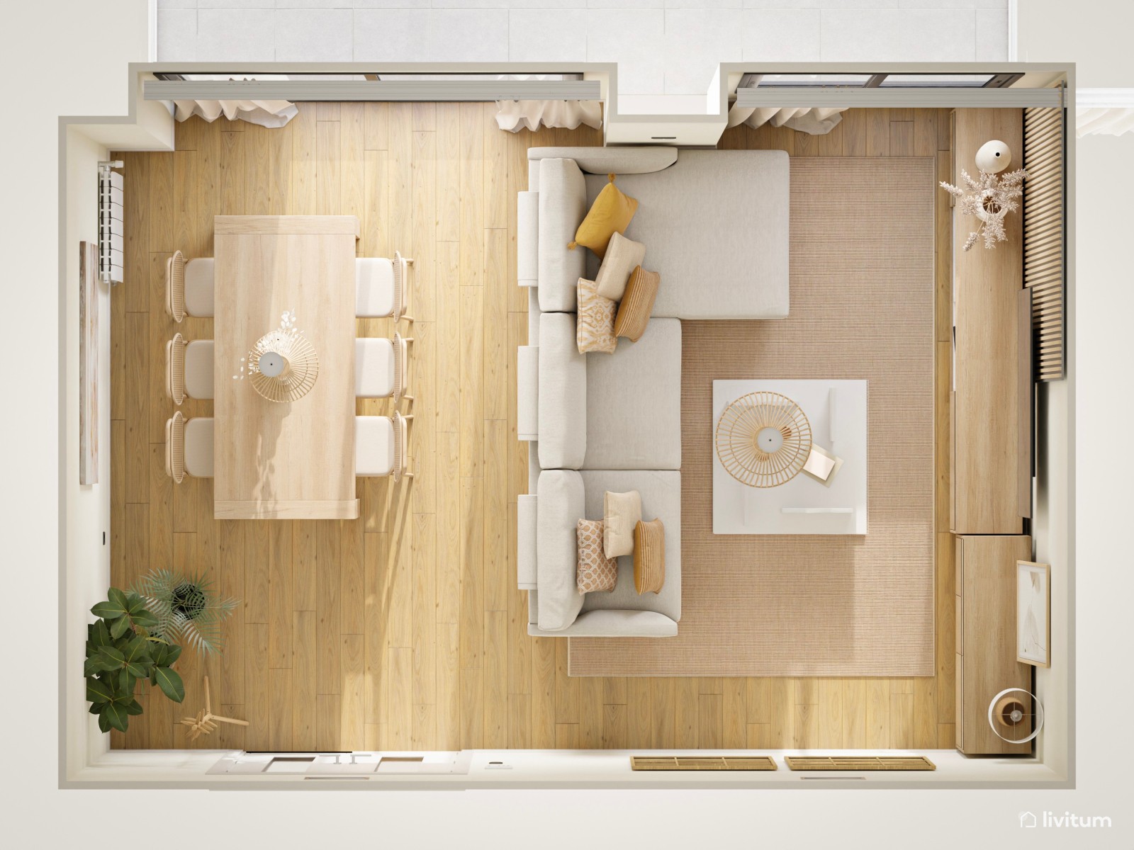 Comedor y salón con toques orgánicos y minimalistas