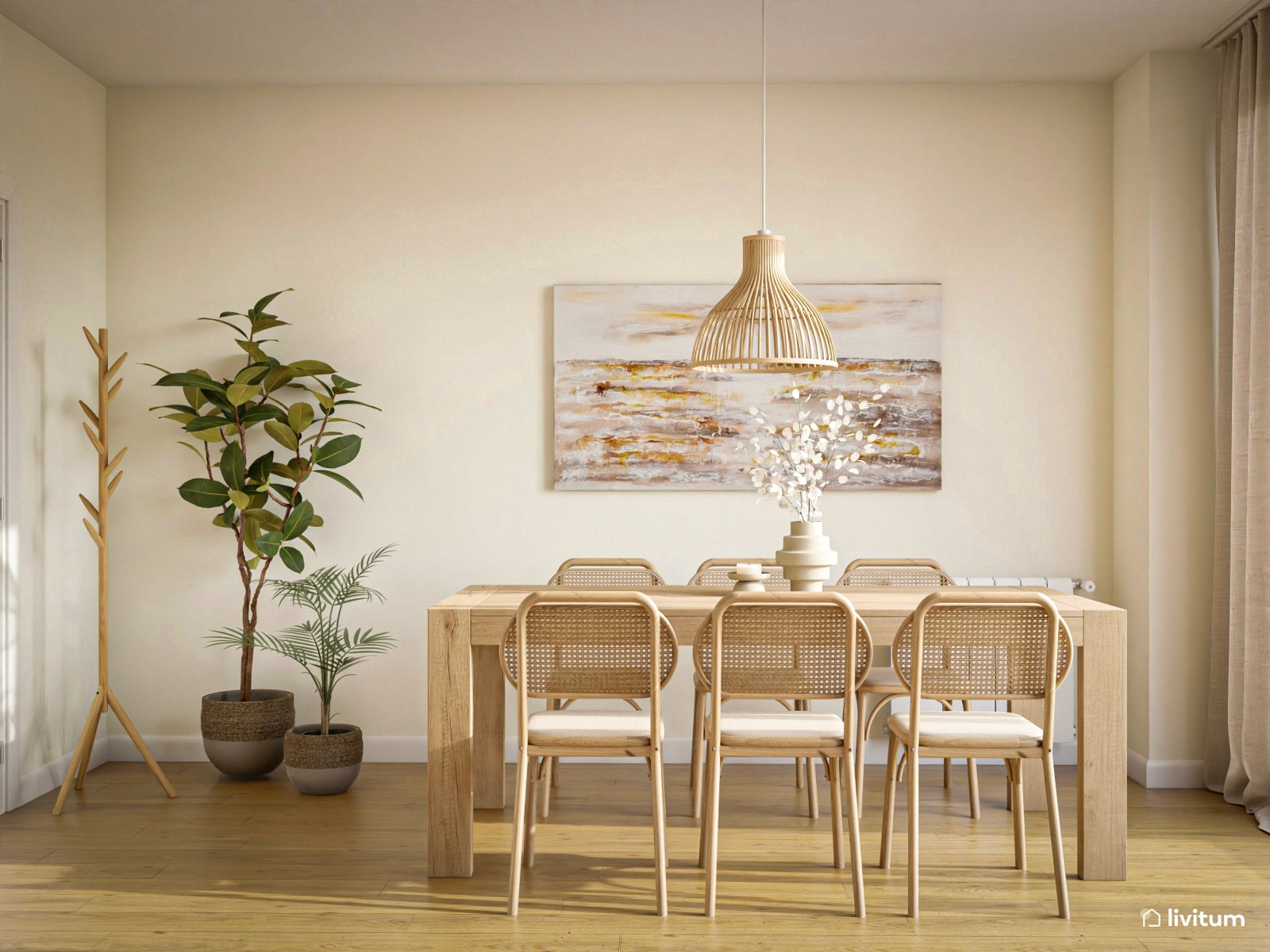 Comedor y salón con toques orgánicos y minimalistas
