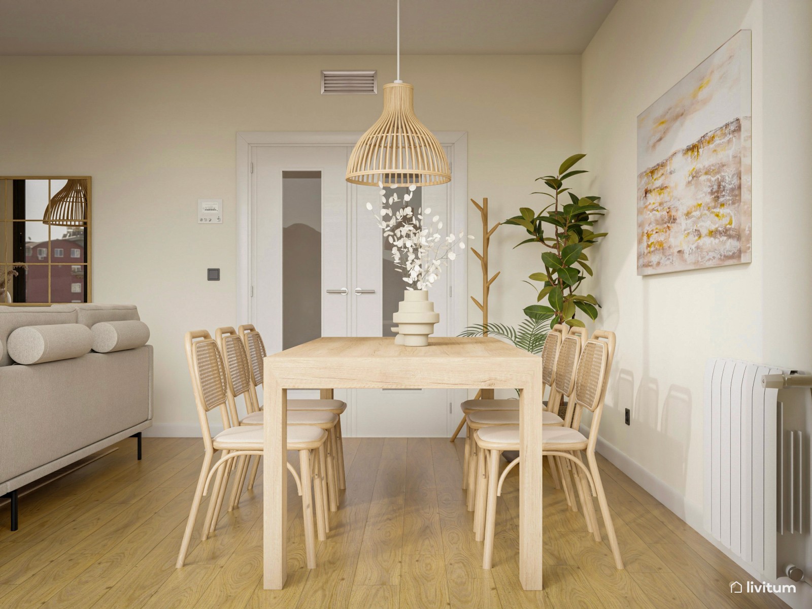 Comedor y salón con toques orgánicos y minimalistas