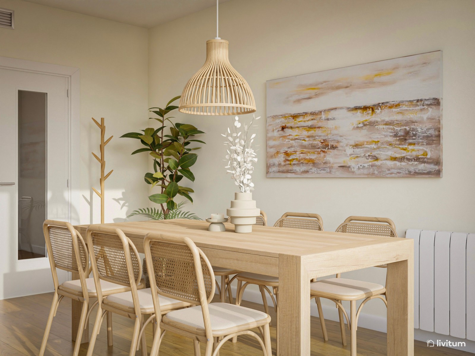 Comedor y salón con toques orgánicos y minimalistas