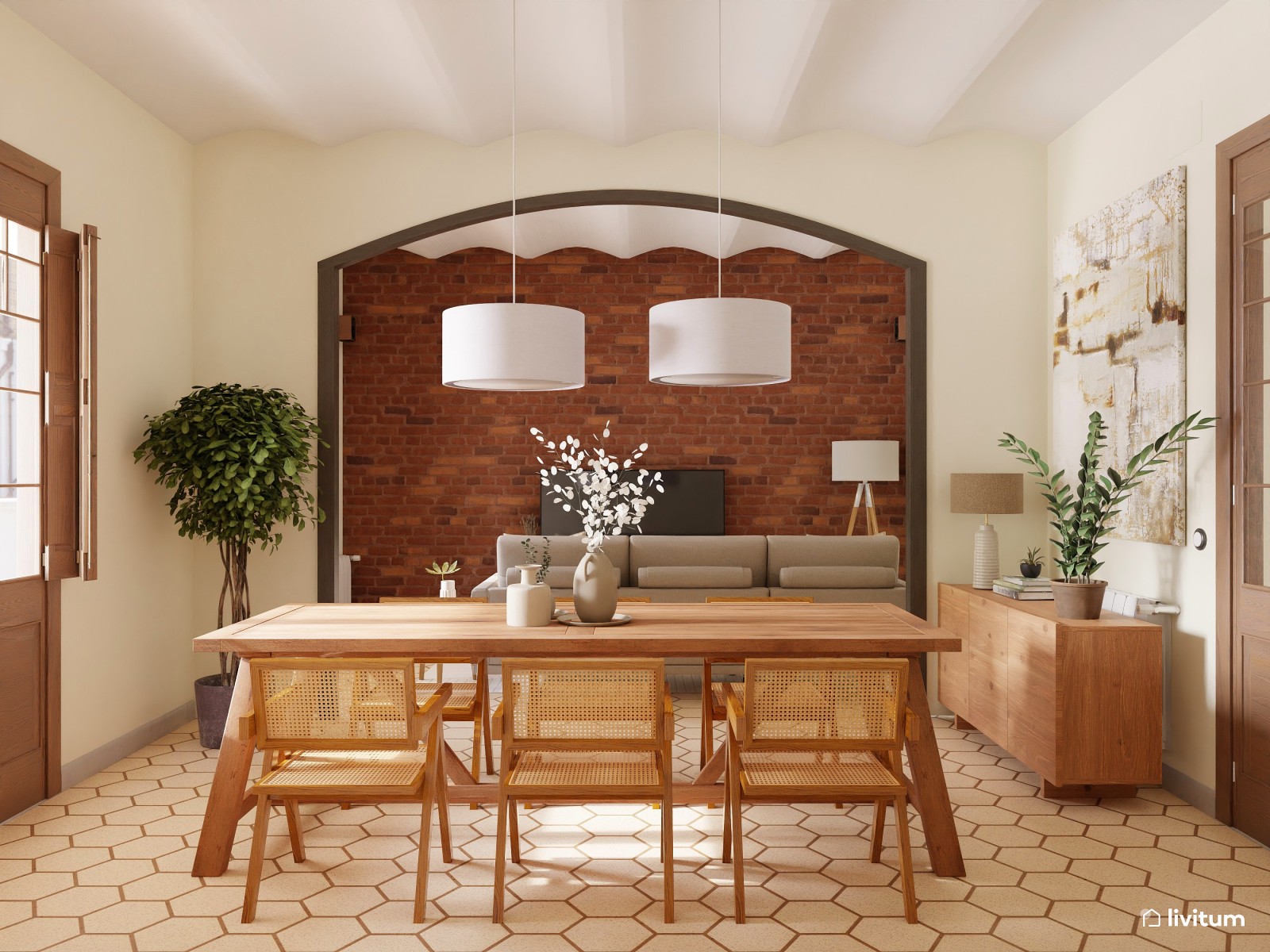 Comedor y salón de estilo colonial y nórdico que impresiona 