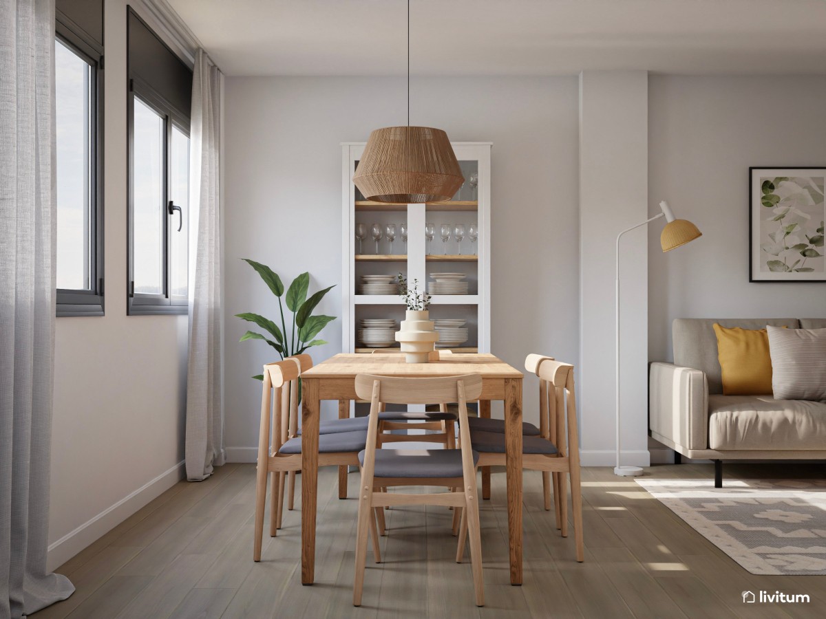 Comedor y salón de estilo nórdico en tonos beige