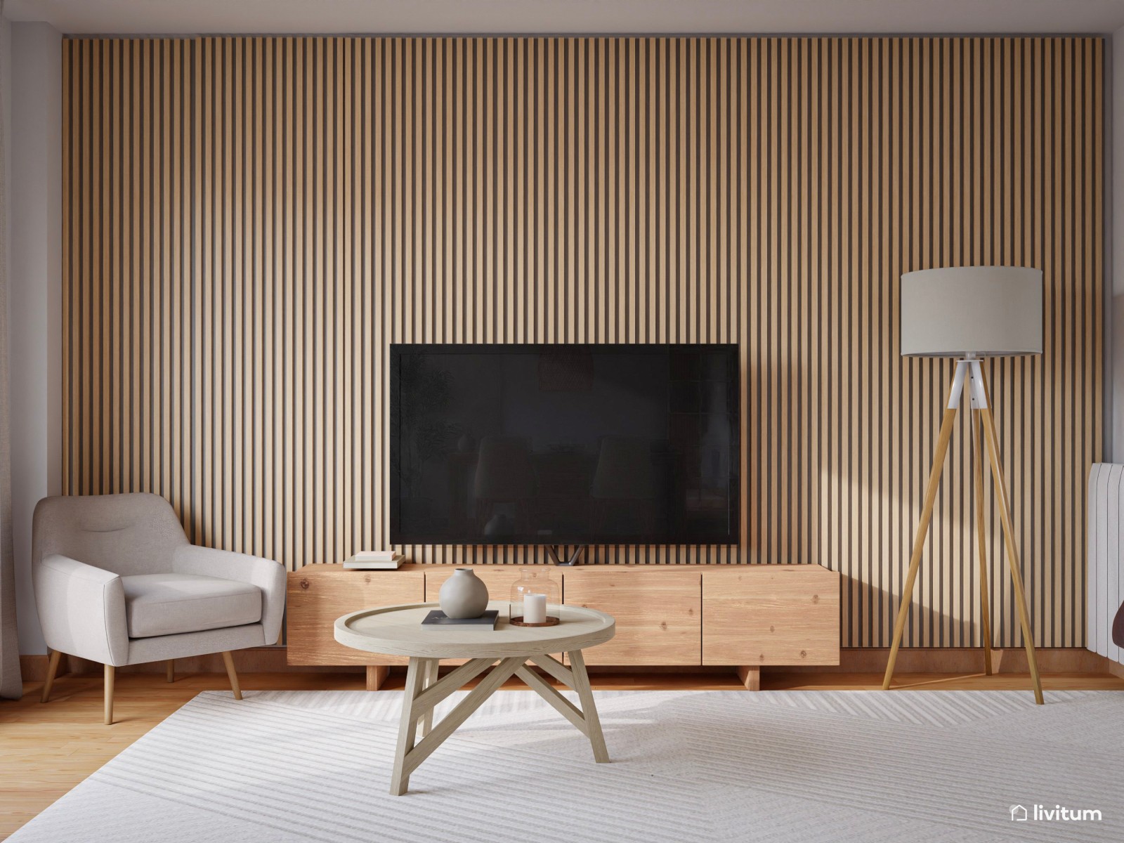 Comedor y salón elegante con listones de madera 