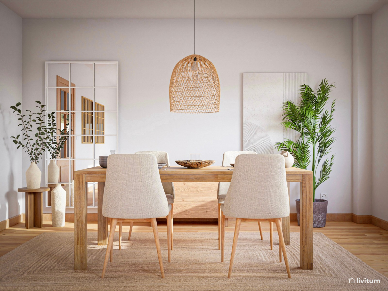 Comedor y salón elegante con listones de madera 