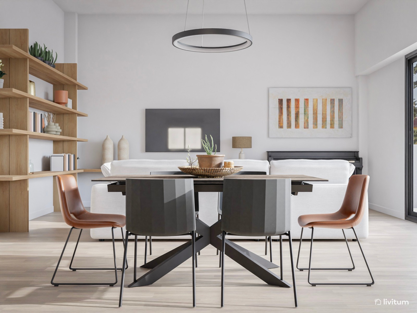 Comedor y salón moderno e industrial con líneas simples 