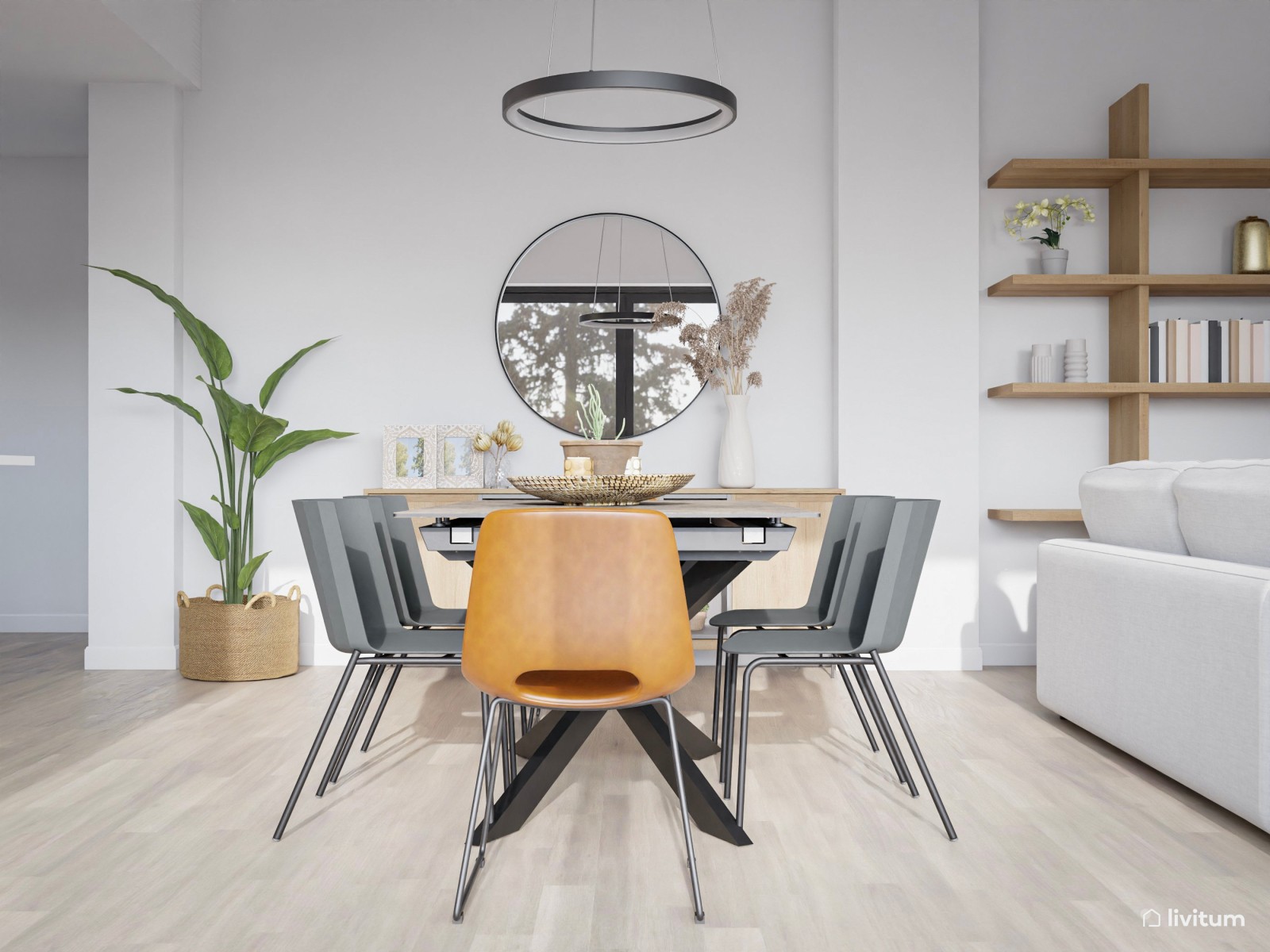 Comedor y salón moderno e industrial con líneas simples 