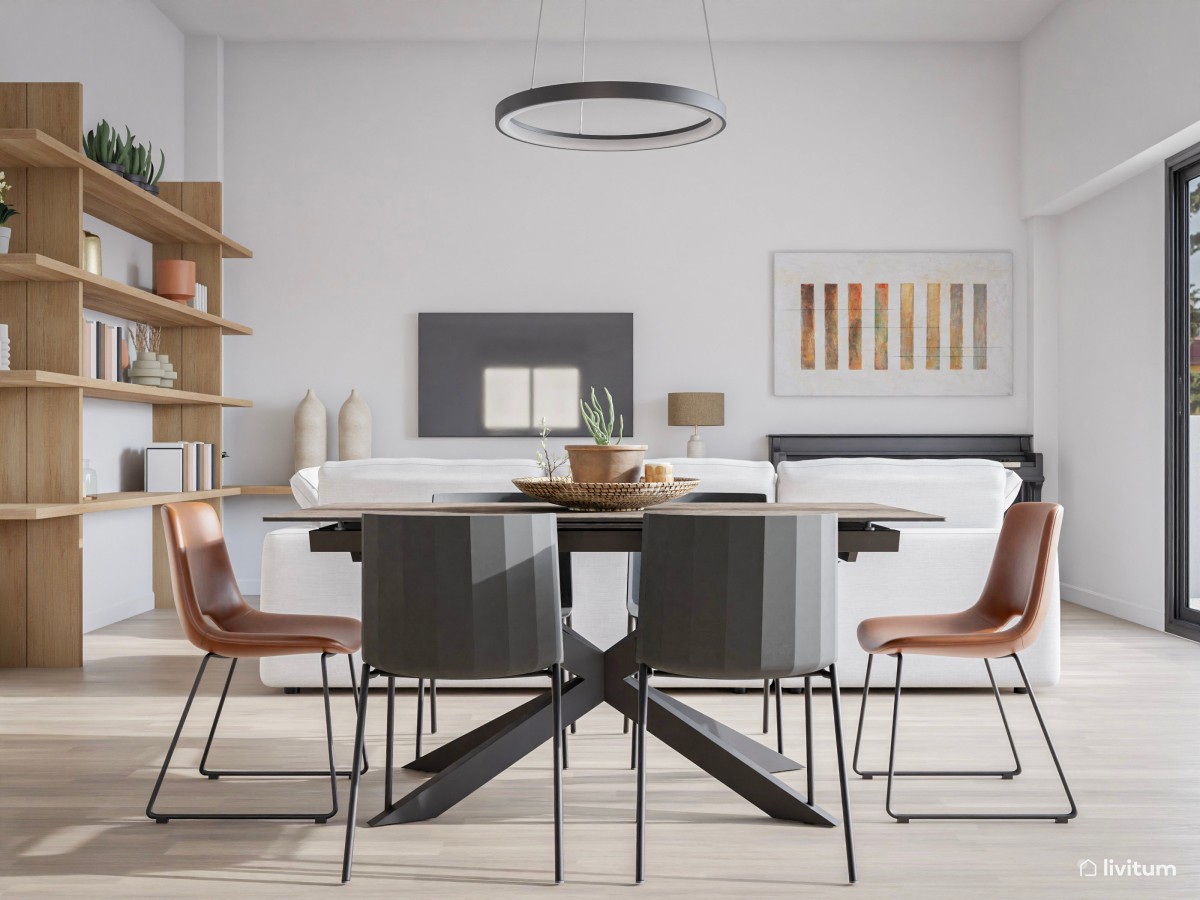 Comedor y salón moderno e industrial con líneas simples