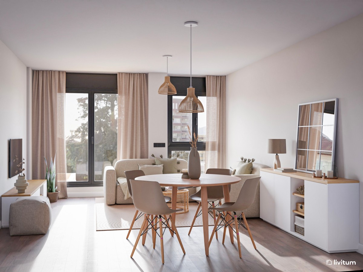 Comedor y salón nórdico con líneas puras - Livitum.com
