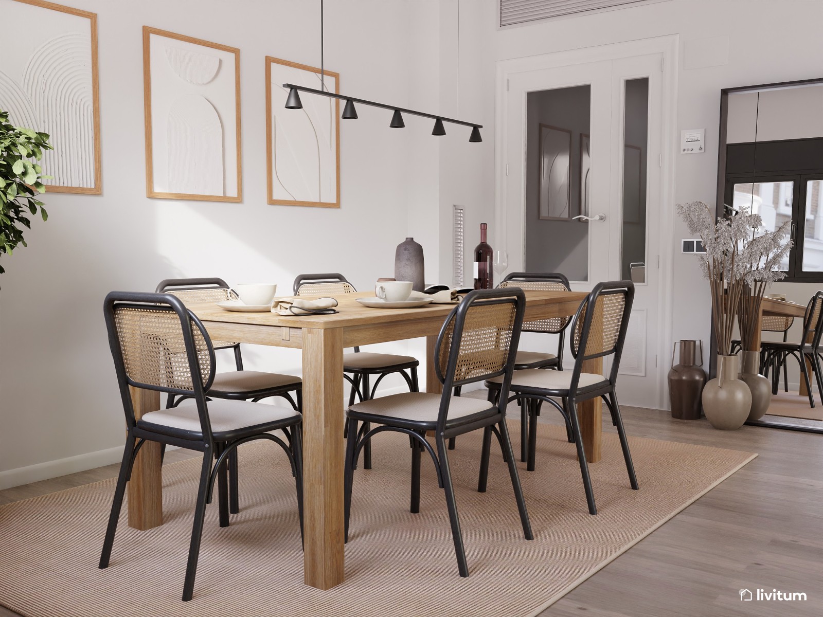 Comedor y salón rústico con matices negros 