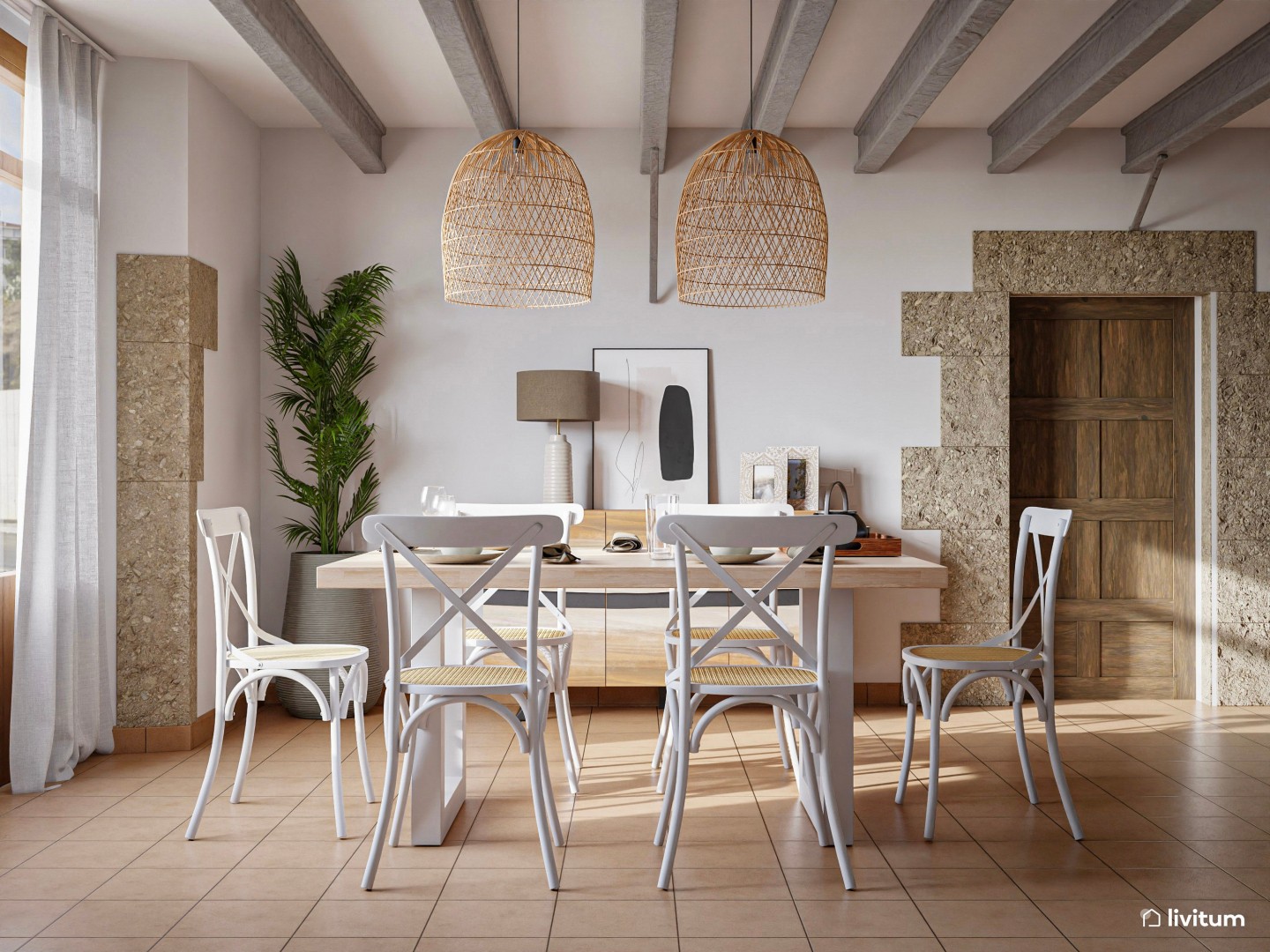 Comedor y salón rústico en blanco, madera y gris - Livitum.com