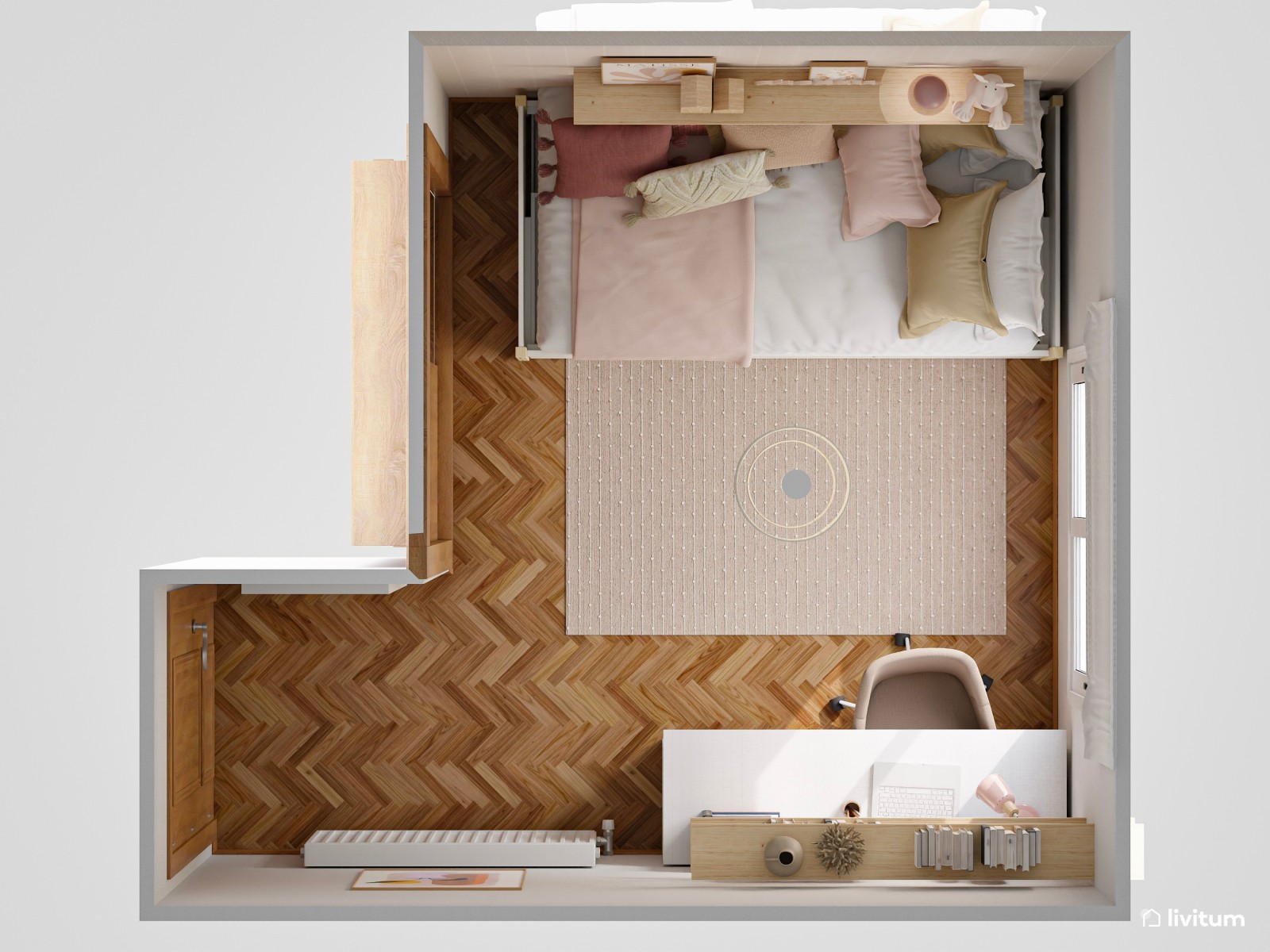Cómodo dormitorio juvenil de espacio optimizado 