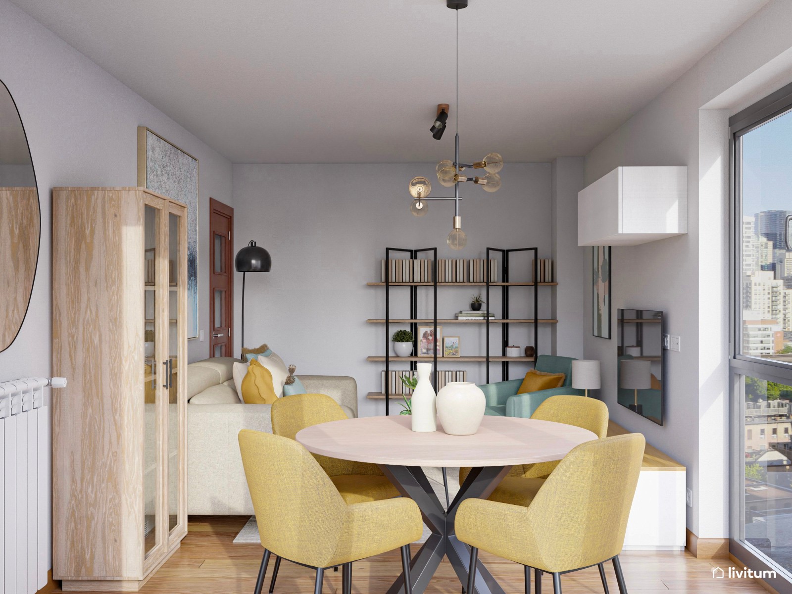 Cómodo salón comedor alargado con detalles en amarillo y turquesa