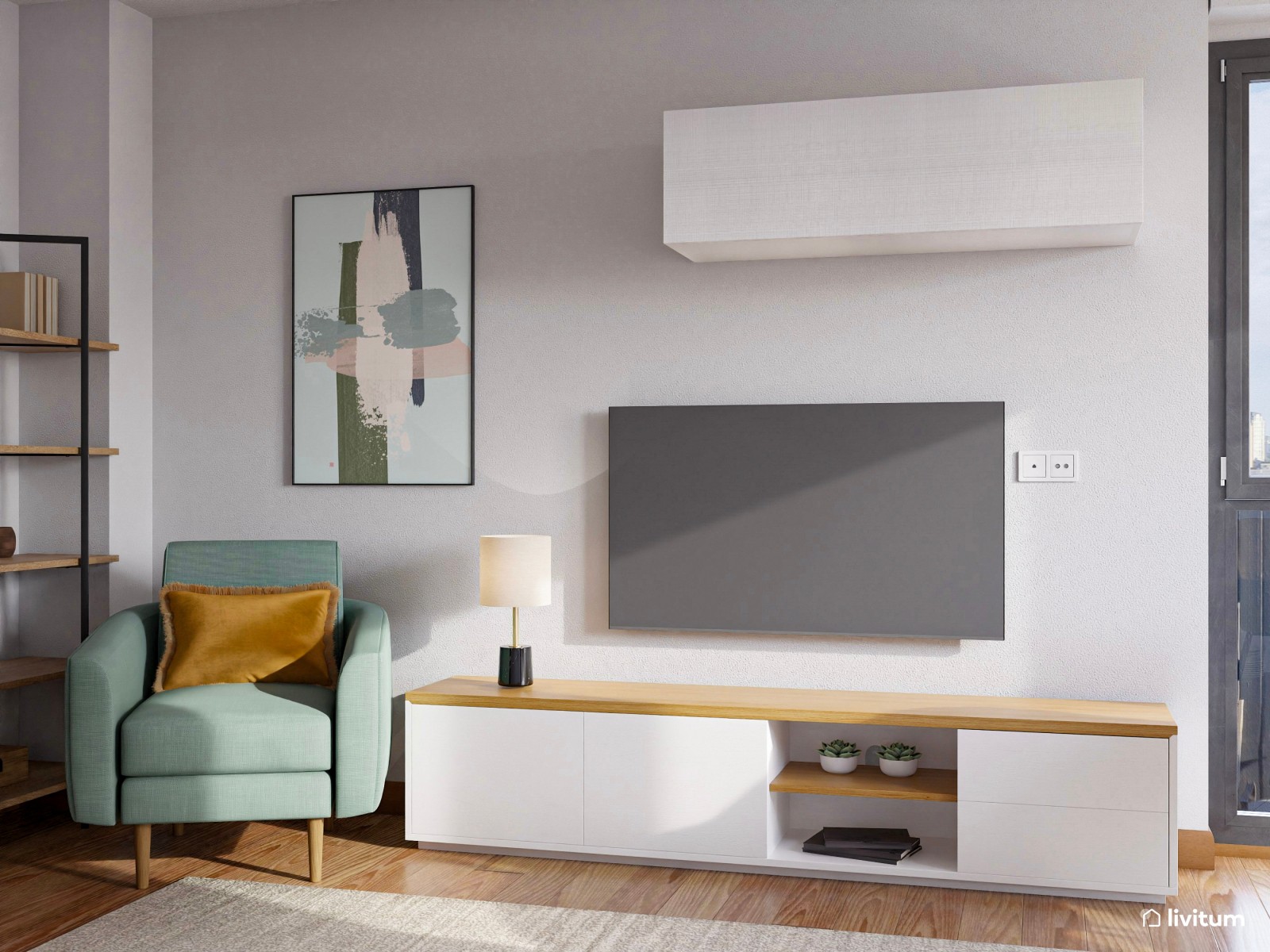 Cómodo salón comedor alargado con detalles en amarillo y turquesa