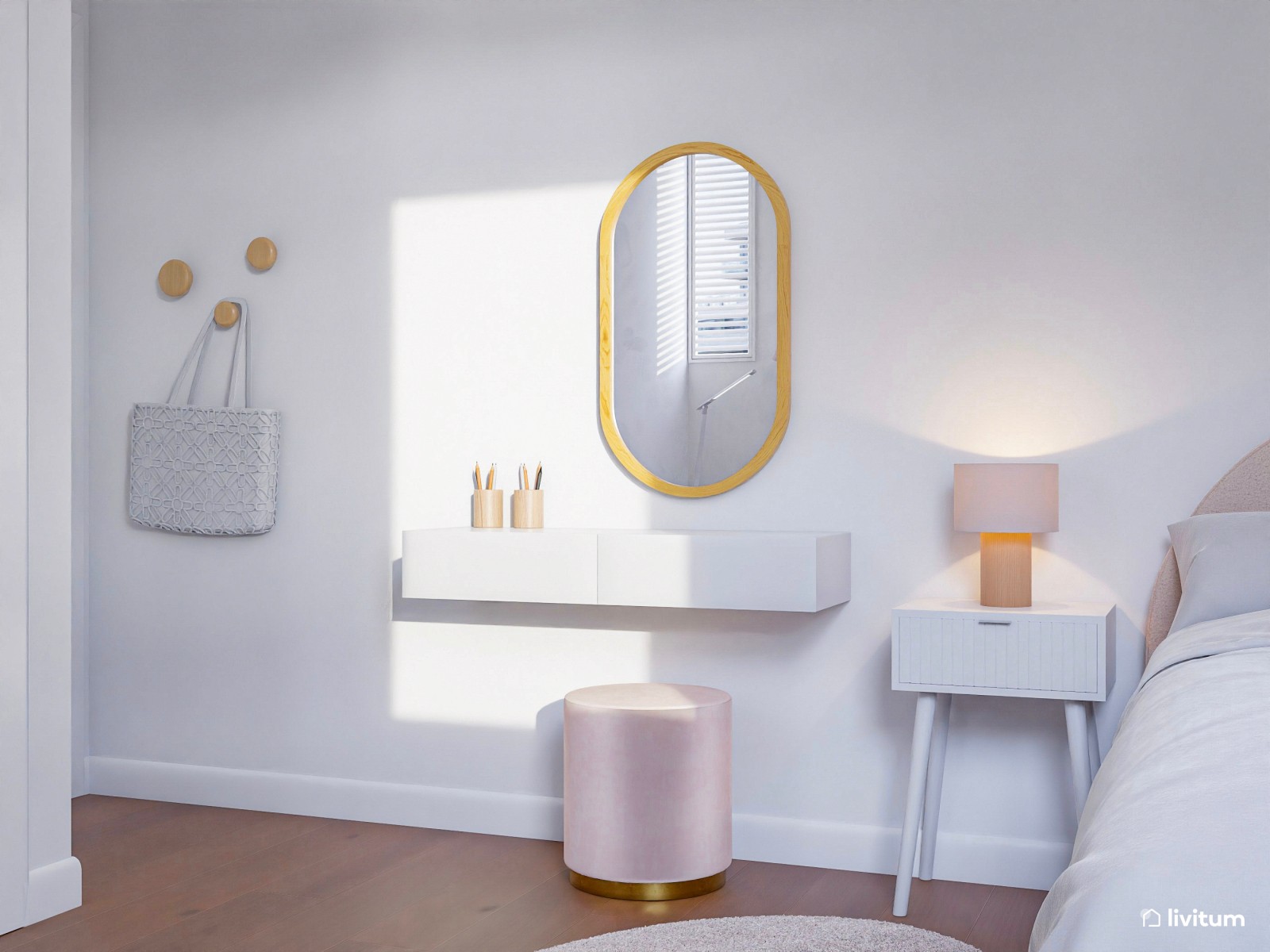 Coqueta habitación juvenil blanca con detalles en rosa empolvado