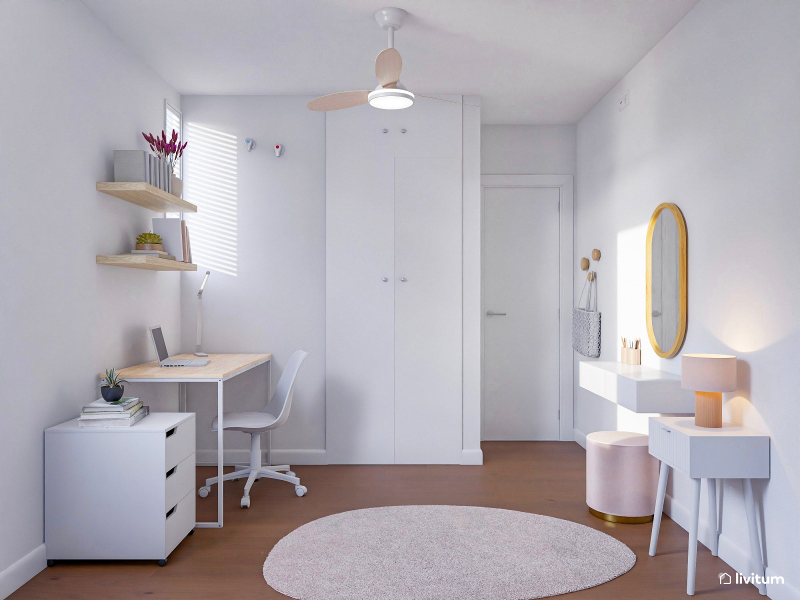 Coqueta habitación juvenil blanca con detalles en rosa empolvado