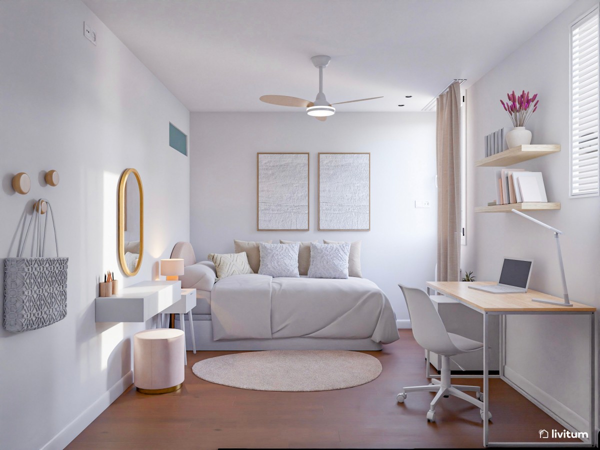Coqueta habitación juvenil blanca con detalles en rosa empolvado