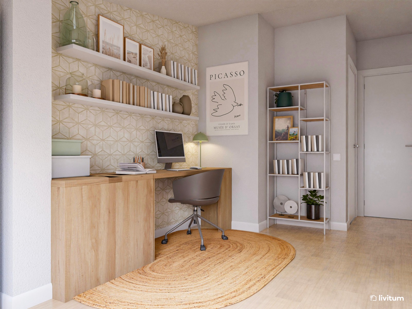 Coqueto estudio con zona de lectura y papel pintado 