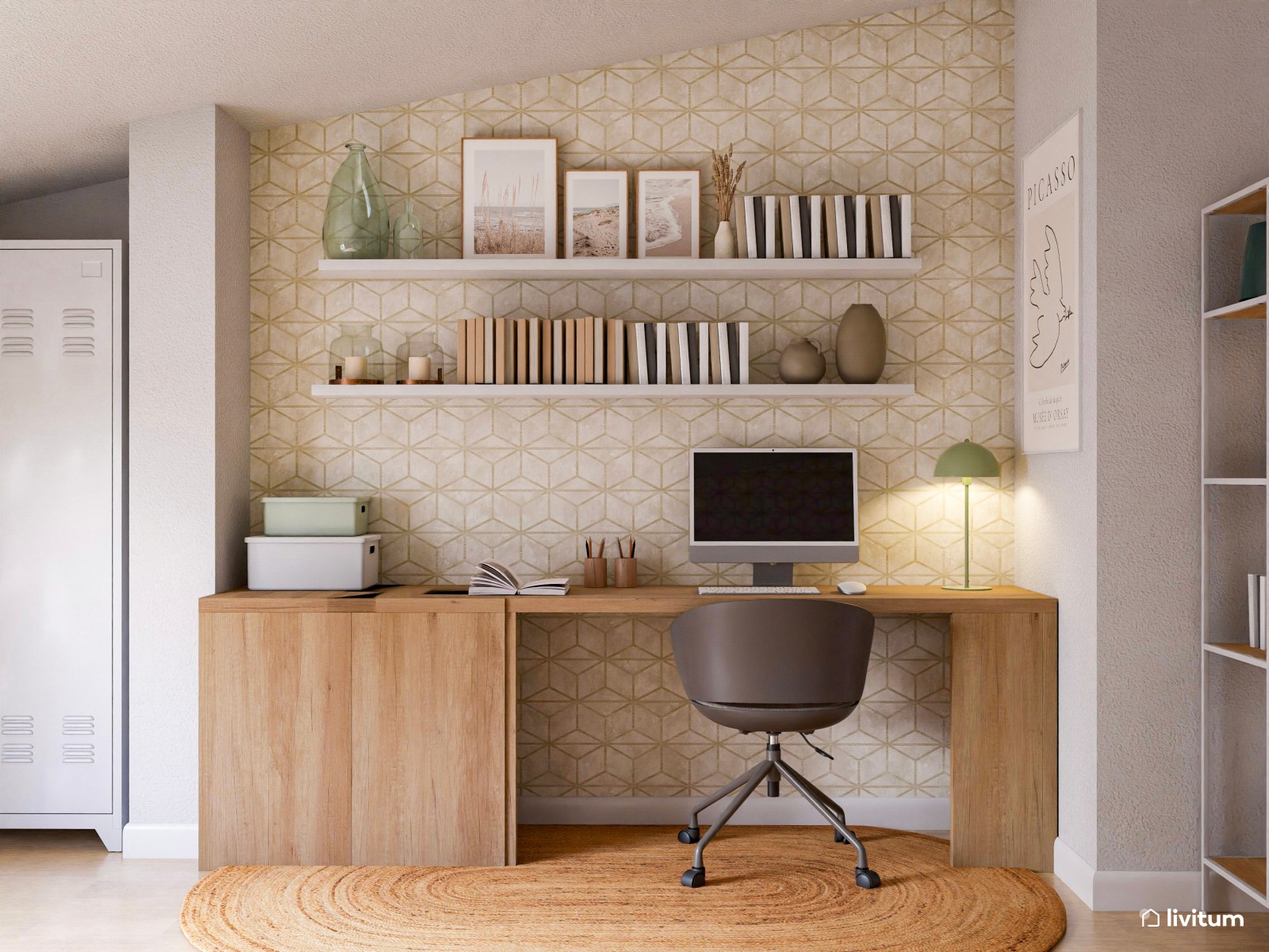 Coqueto estudio con zona de lectura y papel pintado 