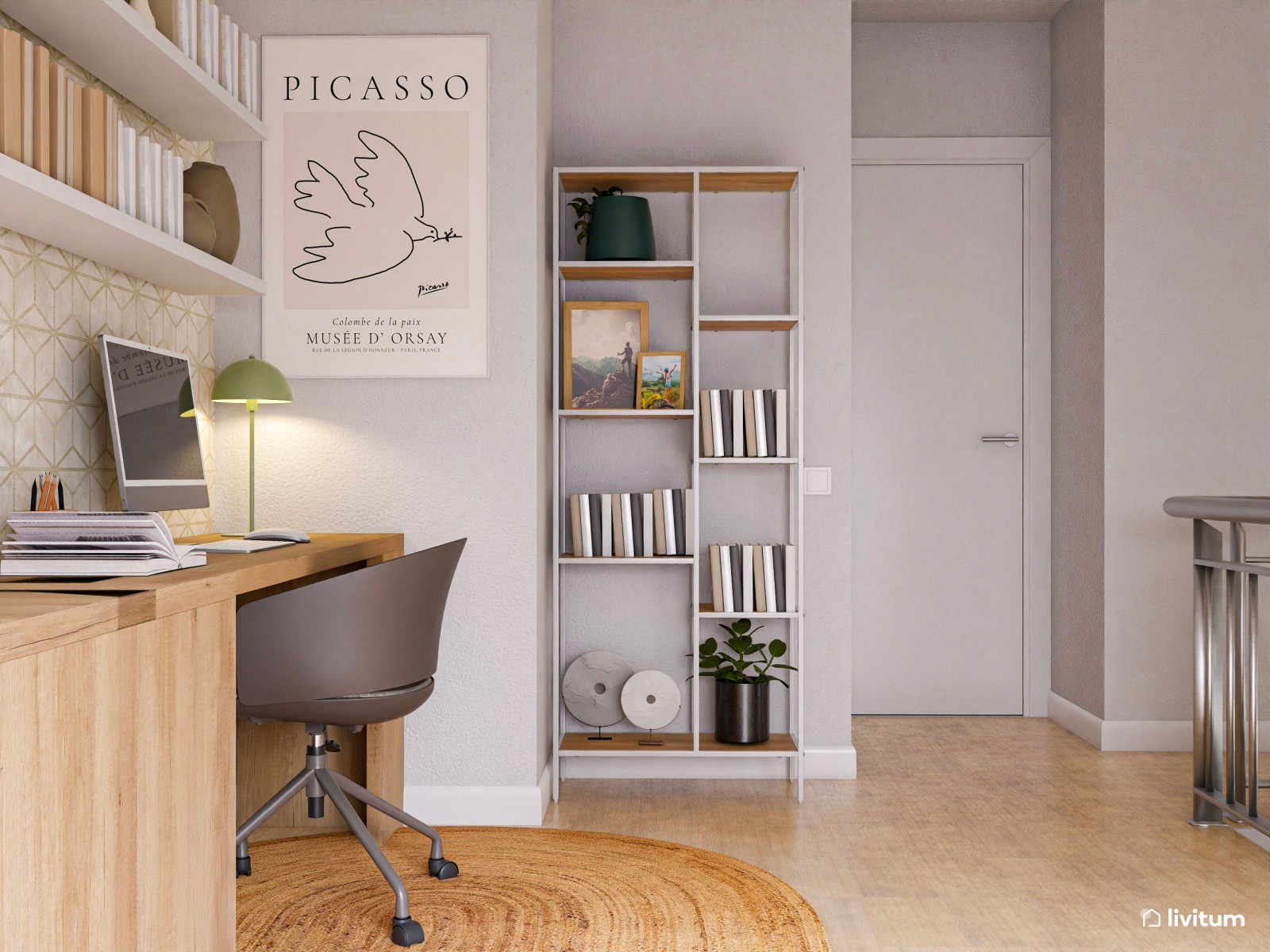 Coqueto estudio con zona de lectura y papel pintado 
