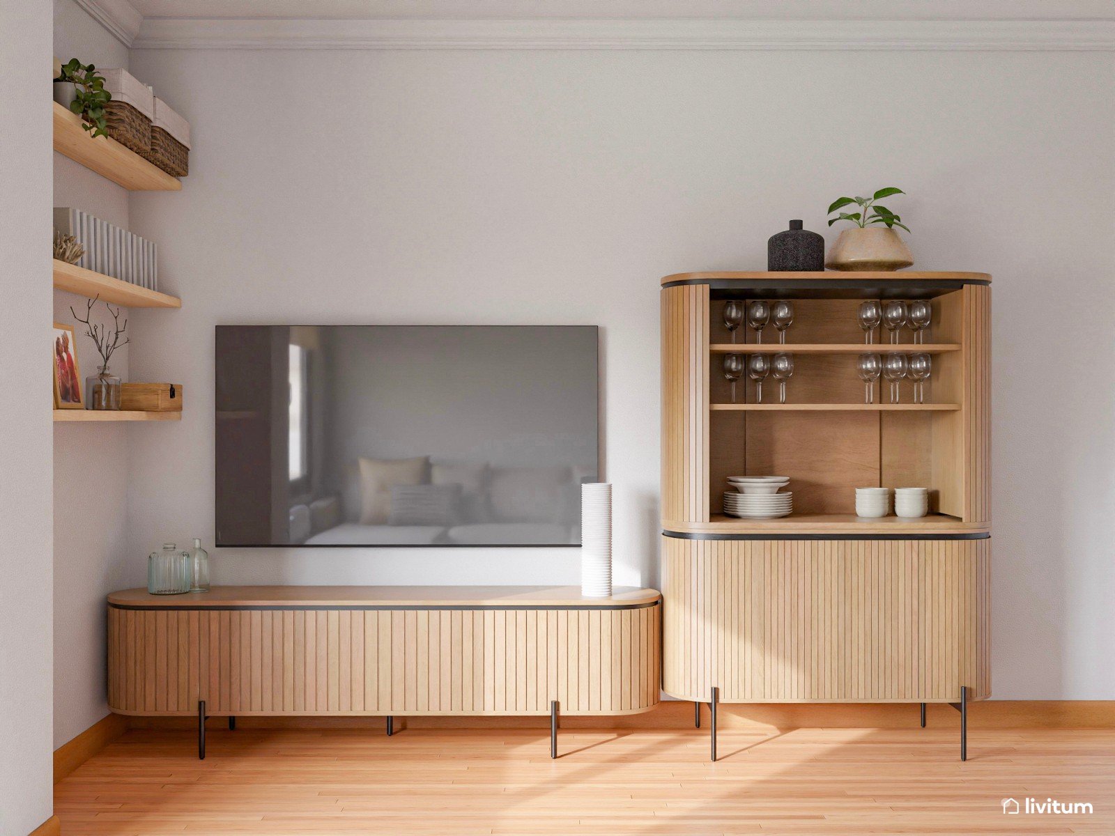 Coqueto salón comedor de 17,6 m² con detalles en dorado y rosa