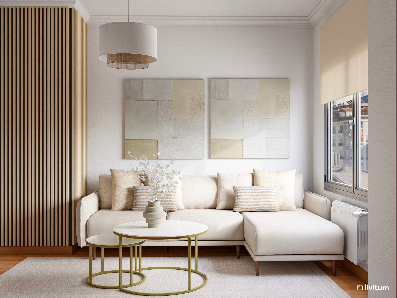 Coqueto salón comedor de 17,6 m² con detalles en dorado y rosa