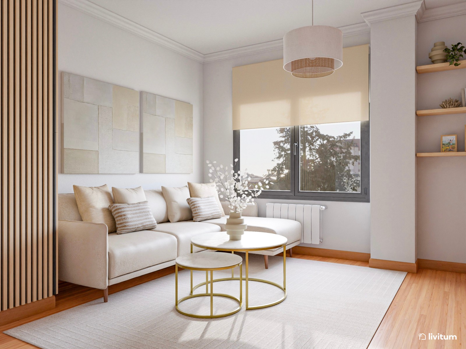 Coqueto salón comedor de 17,6 m² con detalles en dorado y rosa