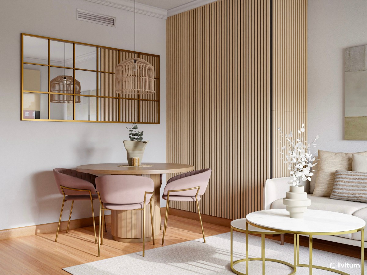 Coqueto salón comedor de 17,6 m² con detalles en dorado y rosa