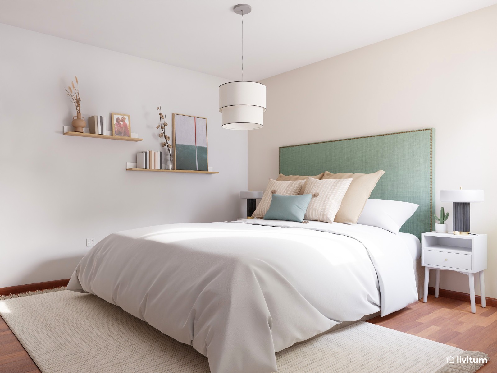 Coqueto y moderno dormitorio en blanco y verde menta
