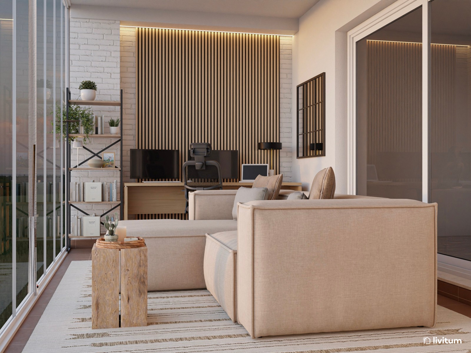 Despacho con amplio sofá modular con chaise longue