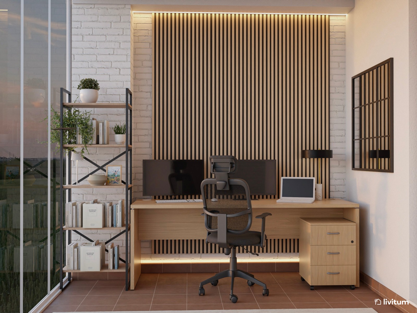Despacho con amplio sofá modular con chaise longue